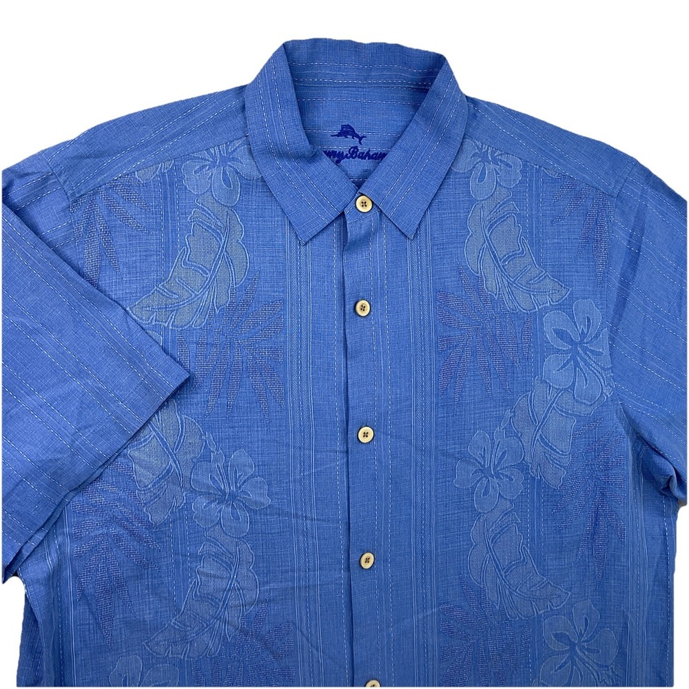 Tommy Bahama‎ Silk Camp Shirt Mens L Blue Floral Hawaiian Short Sleeve Resort
